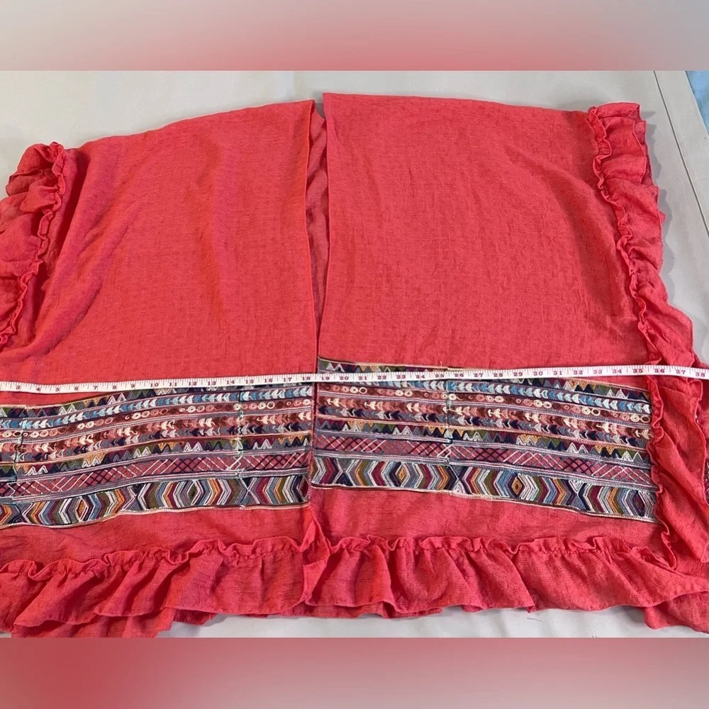 Coral Orange White Tribal Embroidered Fringe Poncho‎ Shawl Wrap